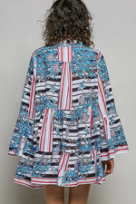 POL Striped Floral Long Sleeve Mini Dress with Pintuck Detail