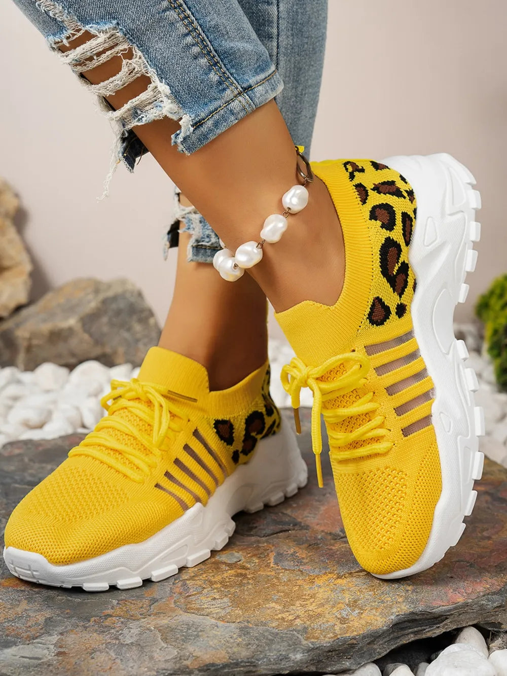 Cutout Leopard Lace Up Mesh Athletic - Ladyez