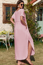 Slit Pocketed V-Neck Short Sleeve Dress - Ladyez
