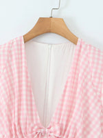 Gingham Ruffle Mini Dress with Lace Trim - Ladyez