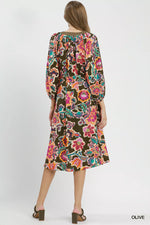 Umgee Abstract Print Embroidered Belted Midi Dress