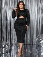 Honey Plus Size Cutout Slit Round Neck Long Sleeve Dress - Ladyez