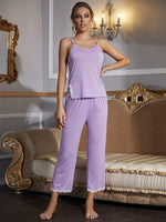 V-Neck Lace Trim Slit Cami and Pants Pajama Set - Ladyez