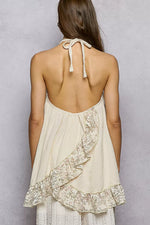 POL Lace Ruffle Halter Neck Double Gauze Top with Crochet Patch