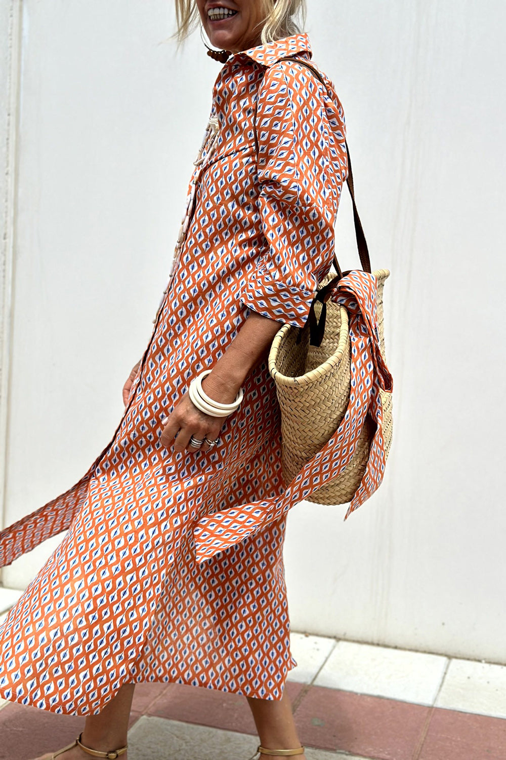 Tied Button Up Three-Quarter Sleeve Dress - Ladyez