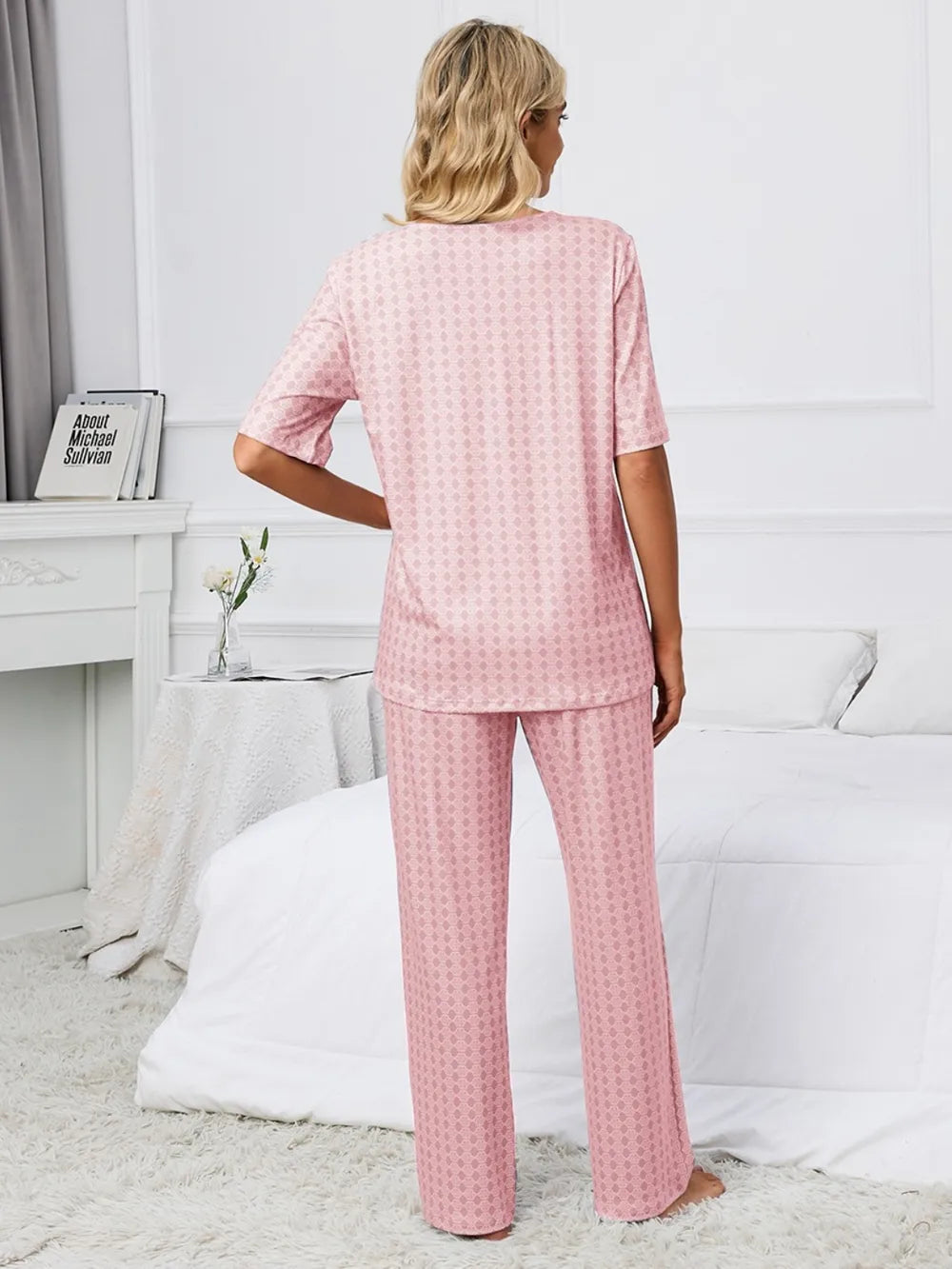 Printed V-Neck Top and Pants Lounge Set - Ladyez