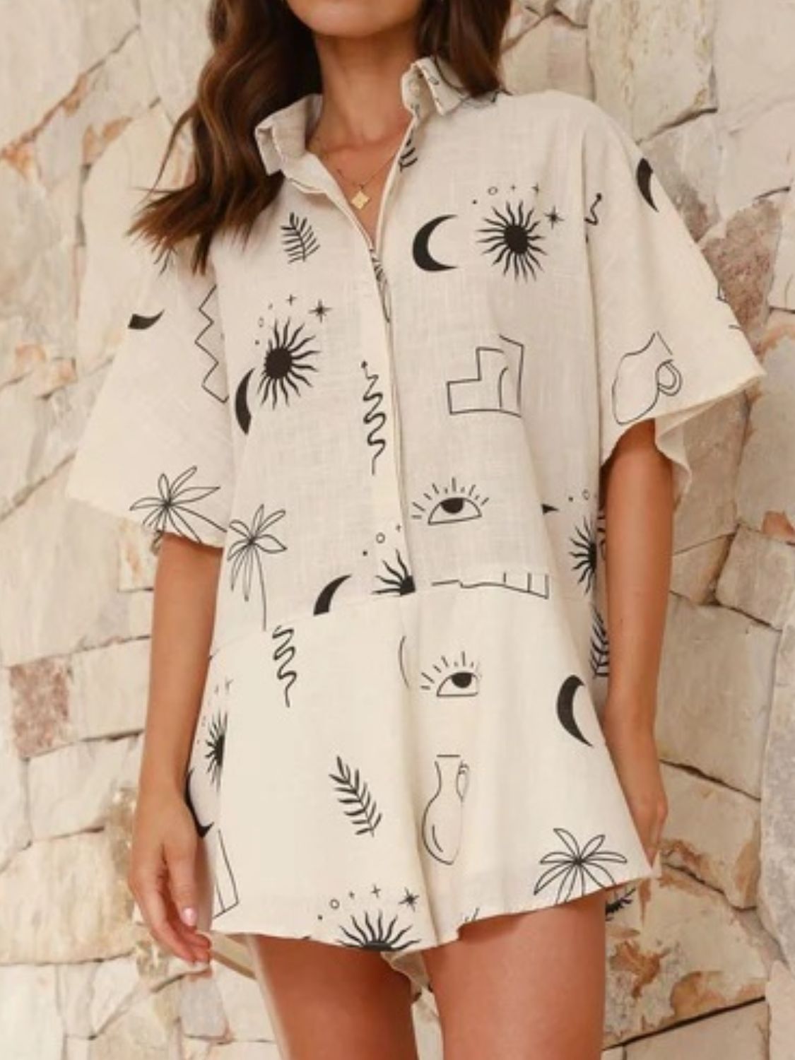 Printed Collared Neck Half Sleeve Romper - Ladyez