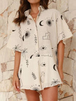 Printed Collared Neck Half Sleeve Romper - Ladyez
