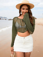 Openwork Boat Neck Long Sleeve Cover-Up - Ladyez
