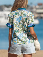 Floral Print Contrasted Frilled Striped Trim Short Sleeve Blouse