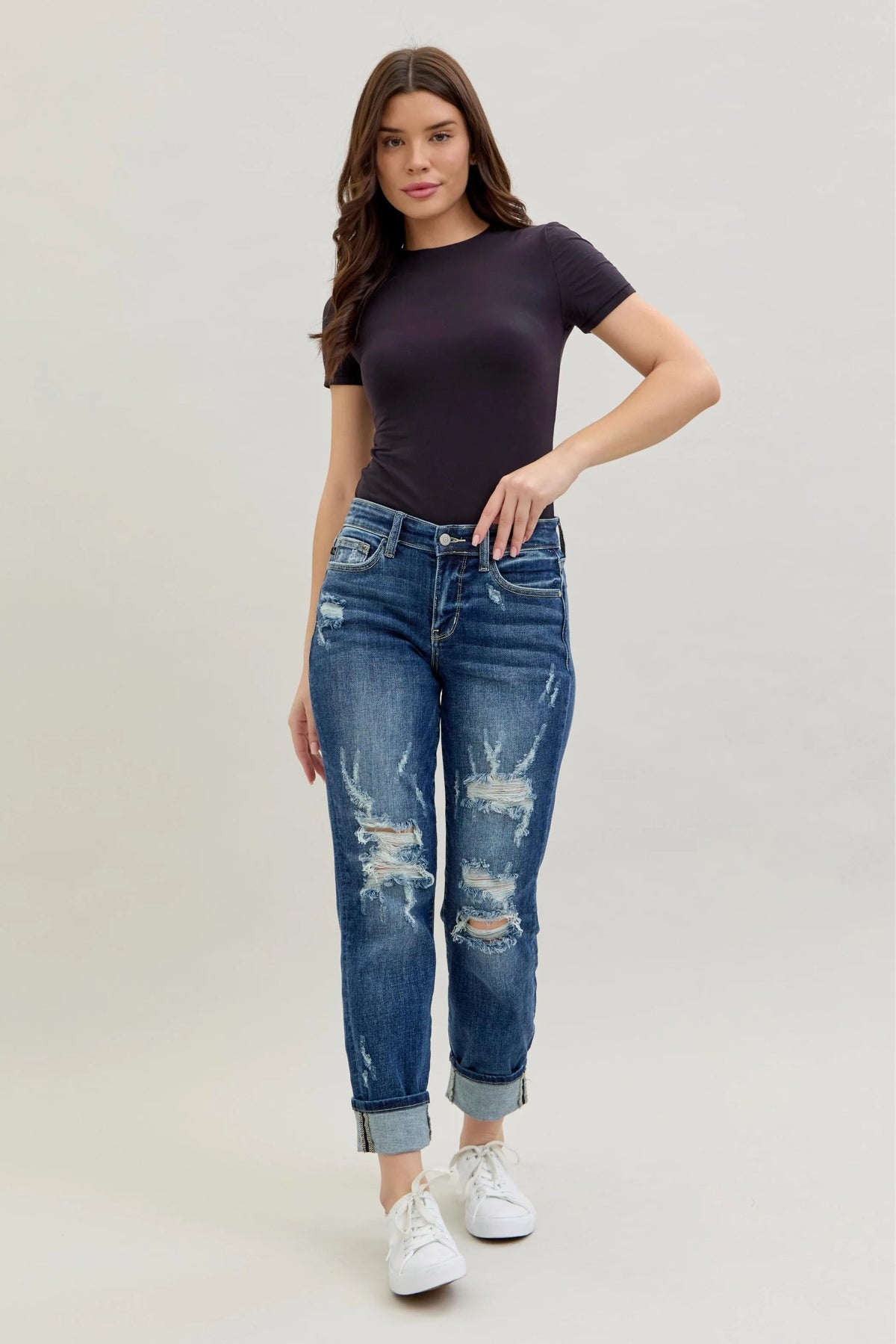 Judy Blue Full Size Mid Rise Cuffed Destroy Bf Jeans Plus Size - Ladyez