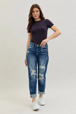 Judy Blue Full Size Mid Rise Cuffed Destroy Bf Jeans Plus Size - Ladyez