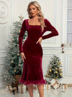 Plush Hem Square Neck Long Sleeve Dress - Ladyez