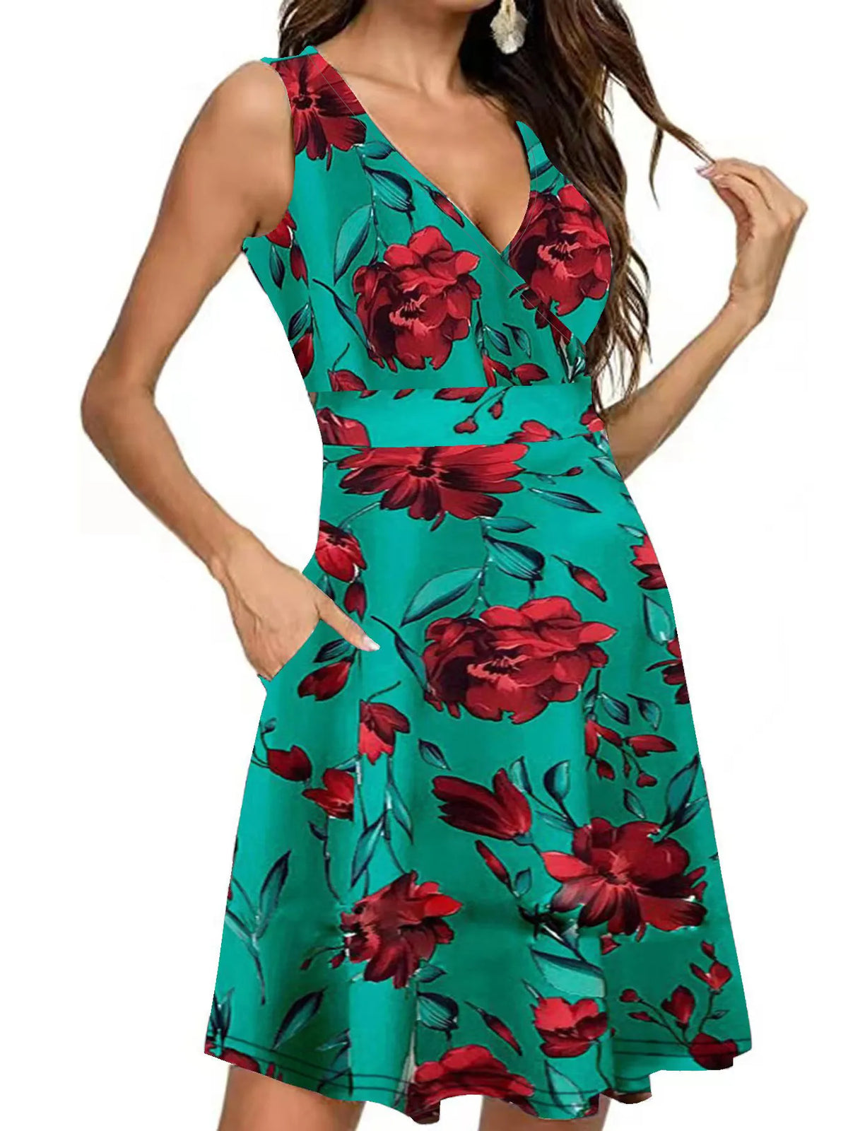 Printed Surplice Sleeveless Dress