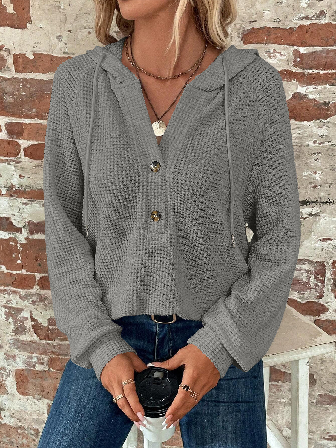 Waffle Knit Long Sleeve Drawstring Hooded Top - Ladyez