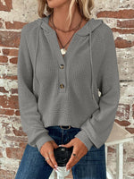 Waffle Knit Long Sleeve Drawstring Hooded Top - Ladyez