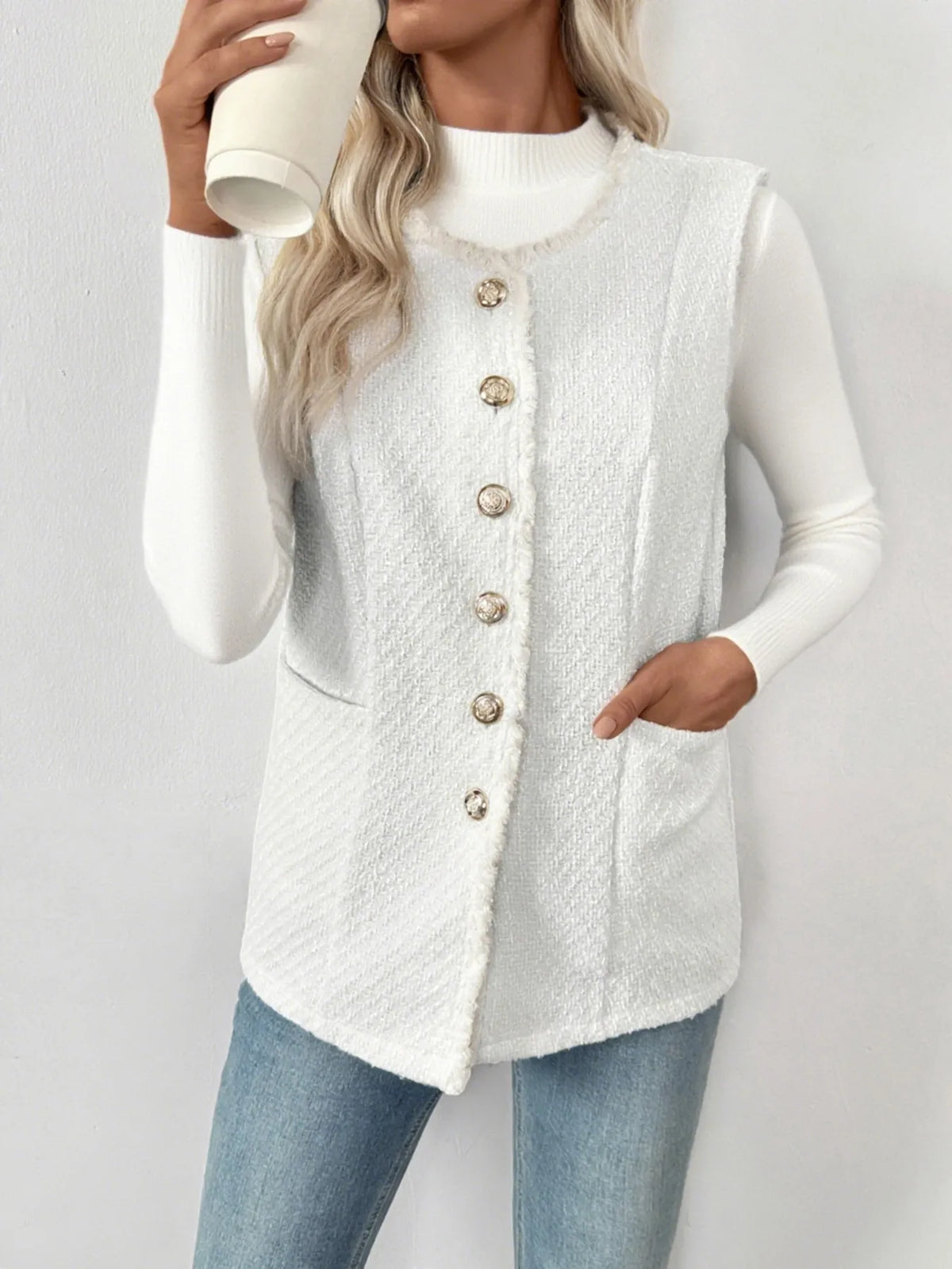 Textured Button-Front Vest with Raw Edge