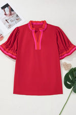 Ruffled Sleeve Notched Blouse with Striped Detail