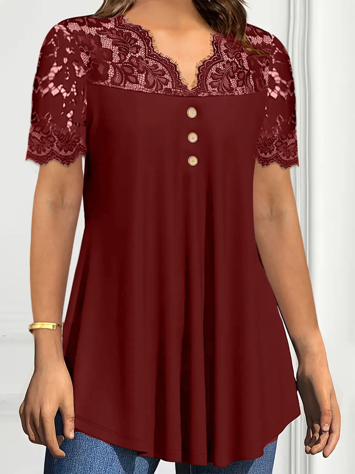 Lace Panel Short Sleeve Blouse - Ladyez
