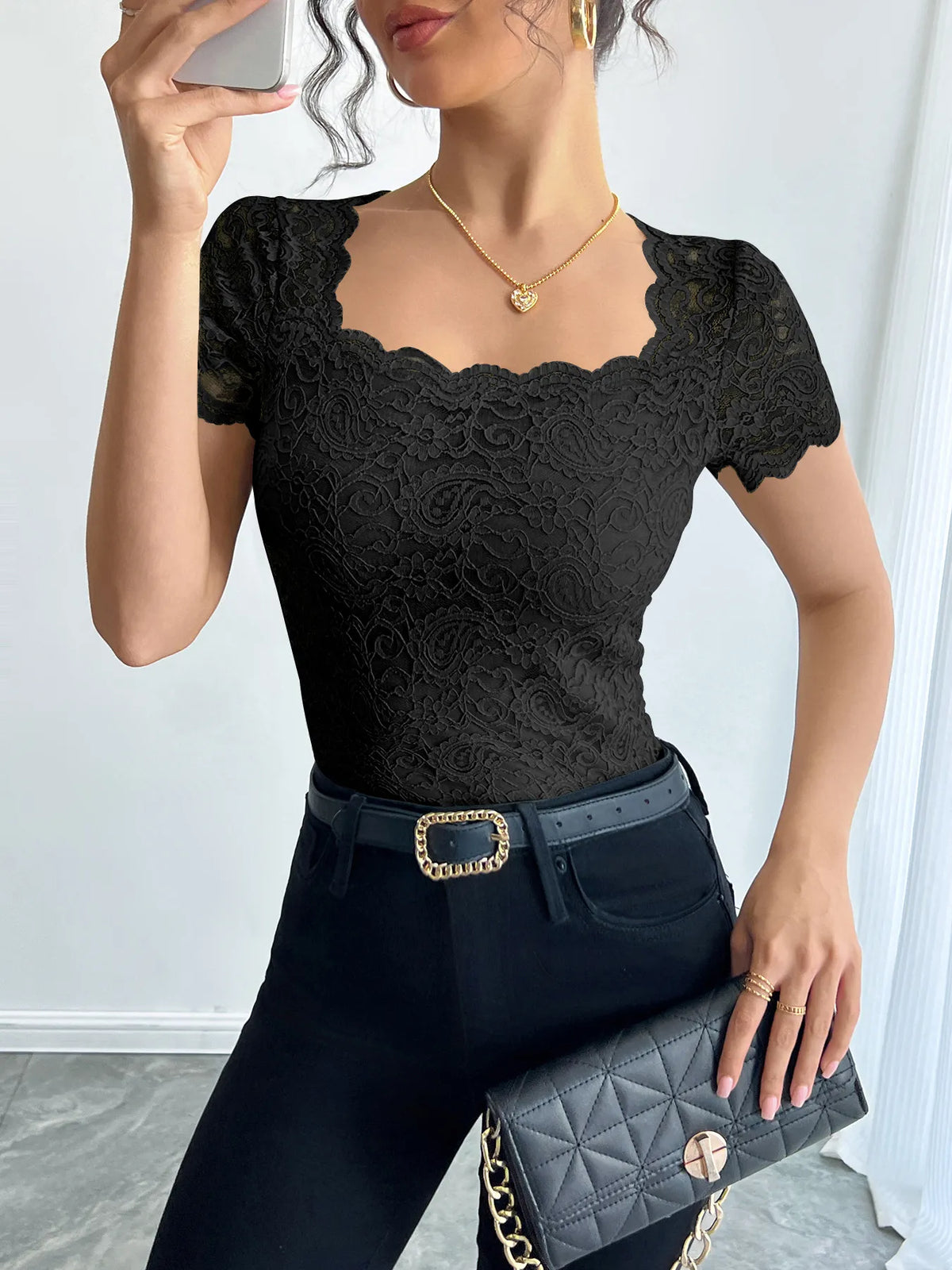 Floral Lace Square Neck T-Shirt - Ladyez