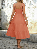 Tie Shoulder Square Neck Tiered Midi Dress - Ladyez