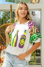 BiBi Sequin Mardi Gras Bottles Spangled Sleeve Top