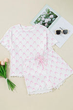 Bow Print Lettuce Trim Round Neck Top and Shorts Lounge Set - Ladyez