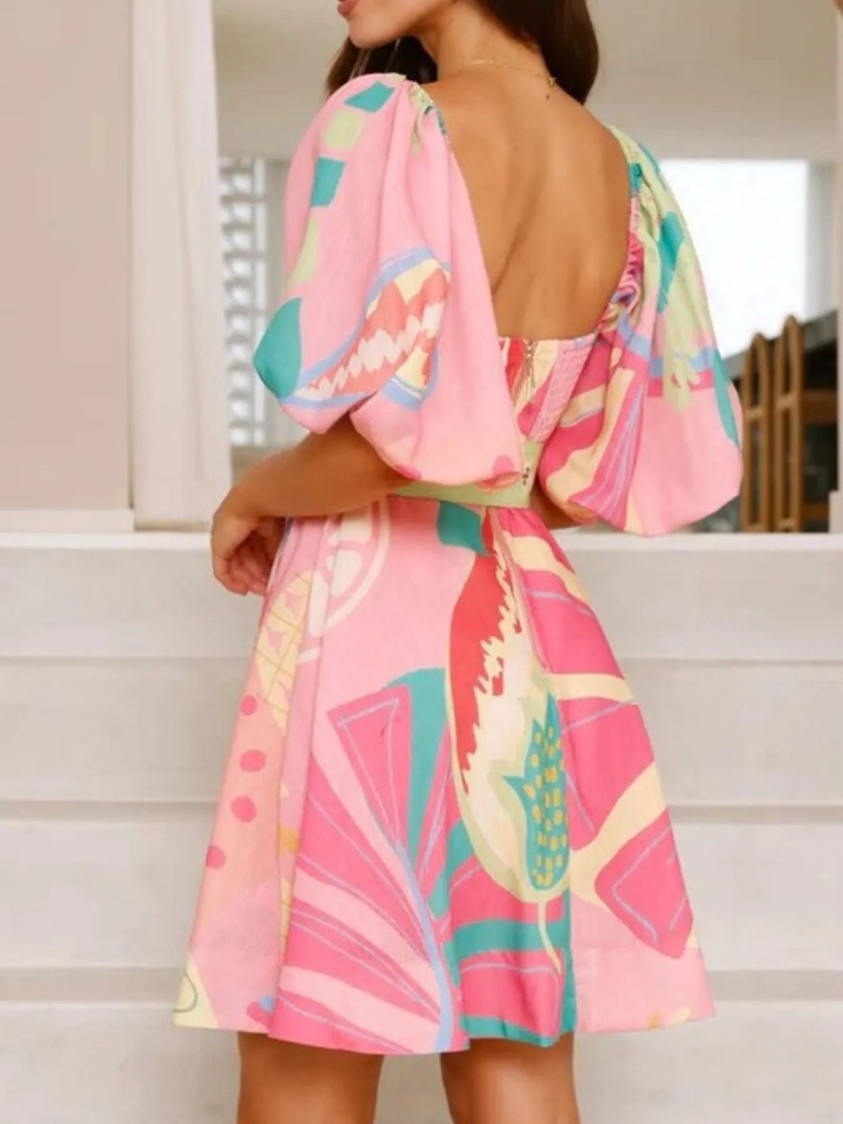 Printed Square Neck Puff Sleeve Dress