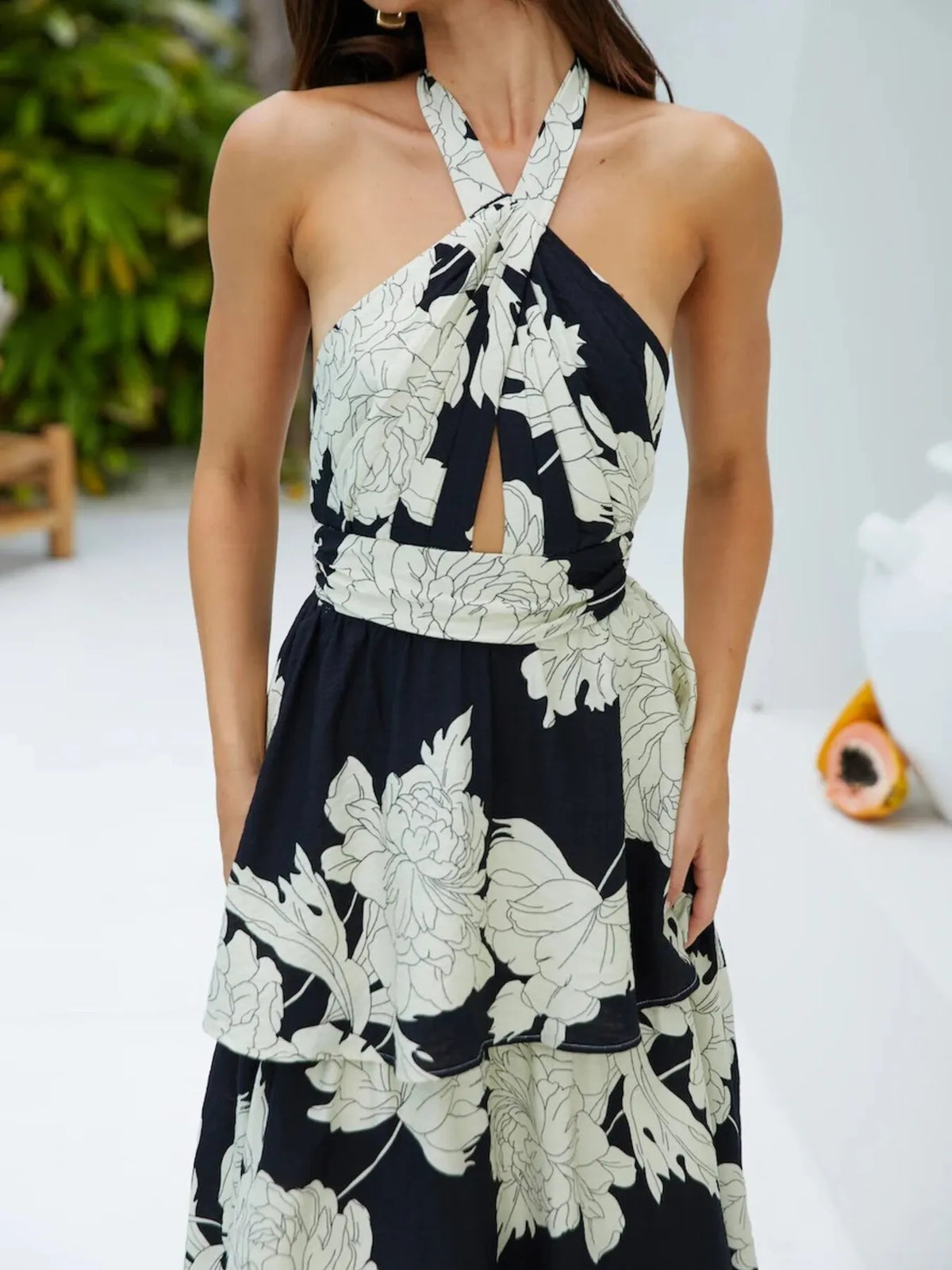 Printed Halter Neck Tiered Maxi Dress - Ladyez