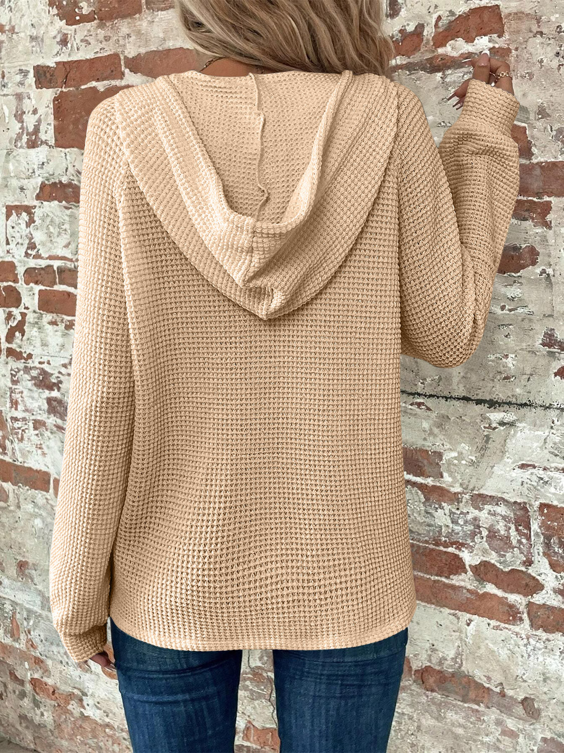 Waffle Knit Long Sleeve Drawstring Hooded Top - Ladyez