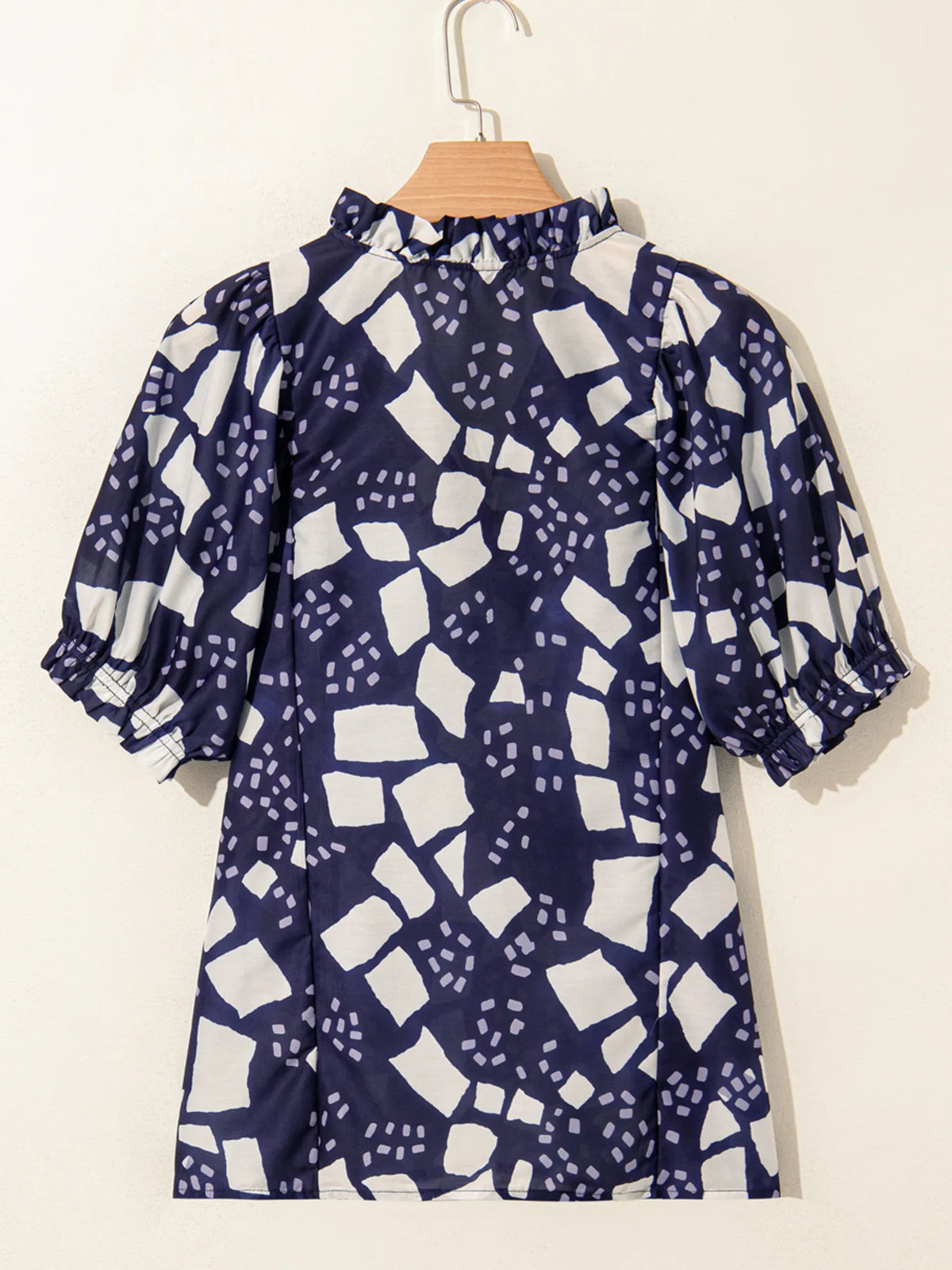 Abstract Print Frilled Puff Sleeve V Neck Blouse - Ladyez