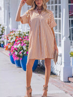 Stripe Pinched V Neck Turn-up Cuffs Shift Mini Dress