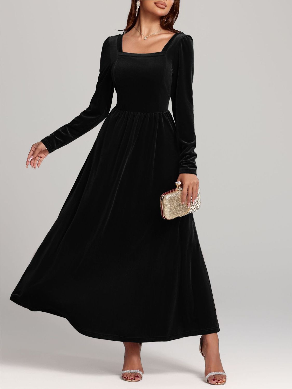 Velvet Square Neck Long Sleeve Dress - Ladyez