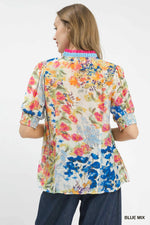 Umgee Floral Contrast Pleat Neck Top