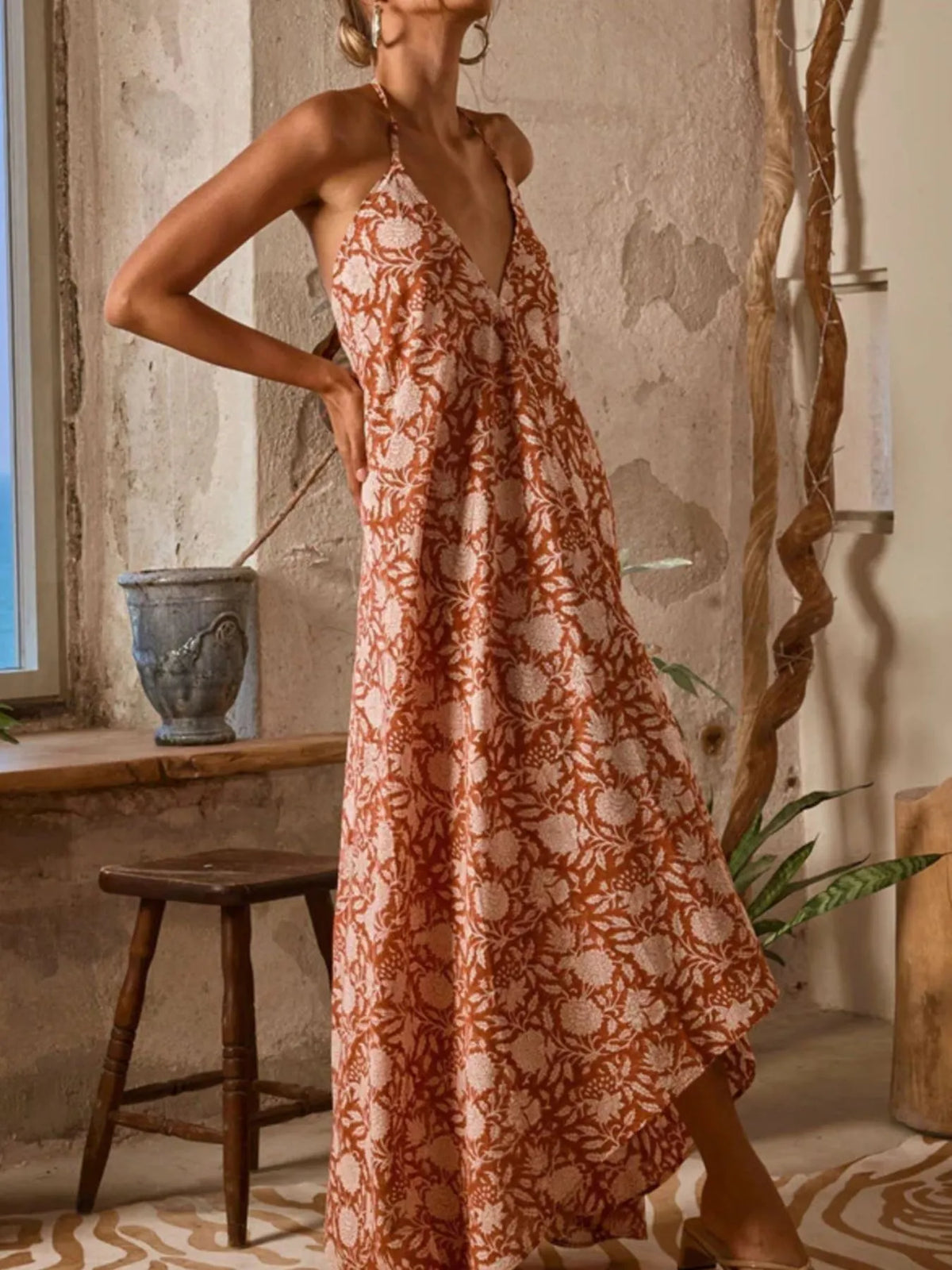 Printed Halter Neck Maxi Cami Dress - Ladyez