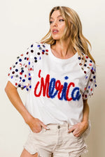 BiBi Metallic Letter Spangle Raglan Puff Sleeve Top
