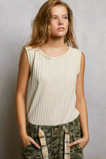 POL Ribbed Round Neck Tank with Lace Trim