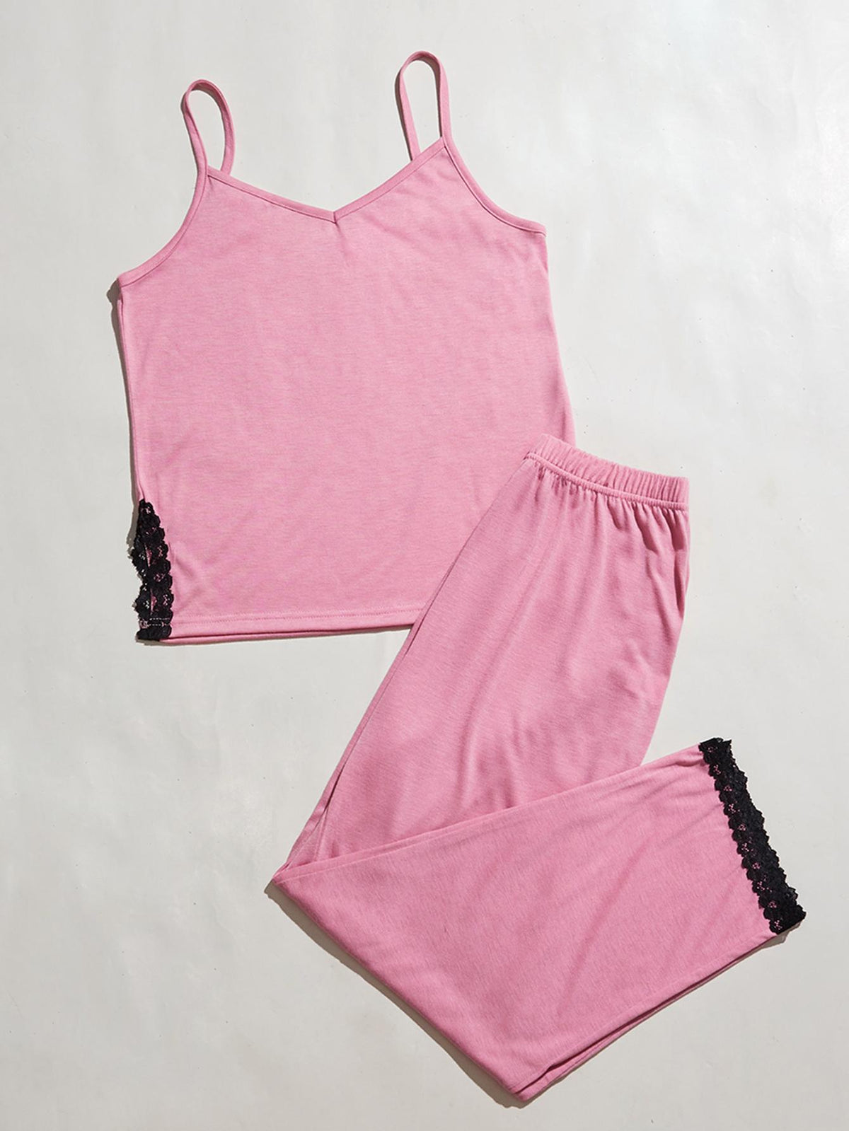 V-Neck Lace Trim Slit Cami and Pants Pajama Set - Ladyez