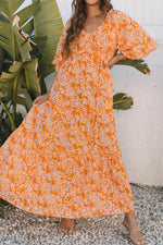 Floral Print Smocked V Neck Wide Sleeve Maxi Dress