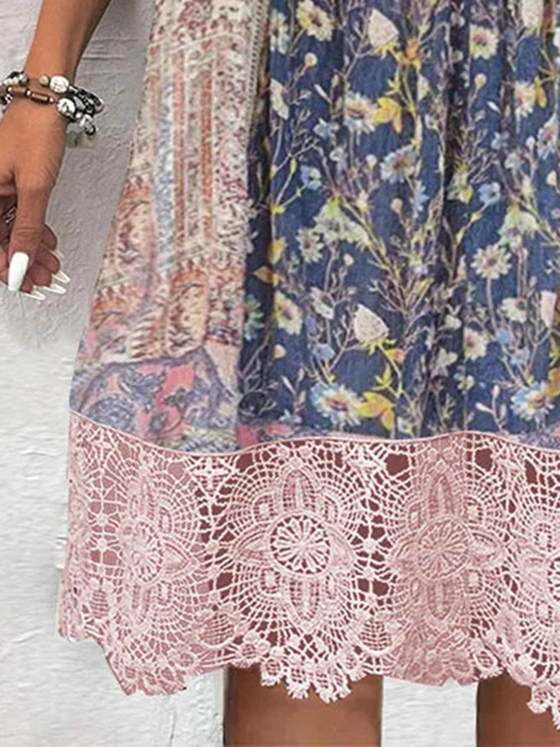 Full Size Lace Detail Printed Three-Quarter Sleeve Dress - Ladyez