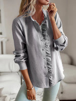 Striped Ruffle Detail Button-Up Blouse - Ladyez