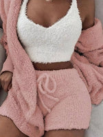 Full Size 3-Piece Fuzzy Plush Cardigan and Shorts Lounge Set with Crop Top Plus Size