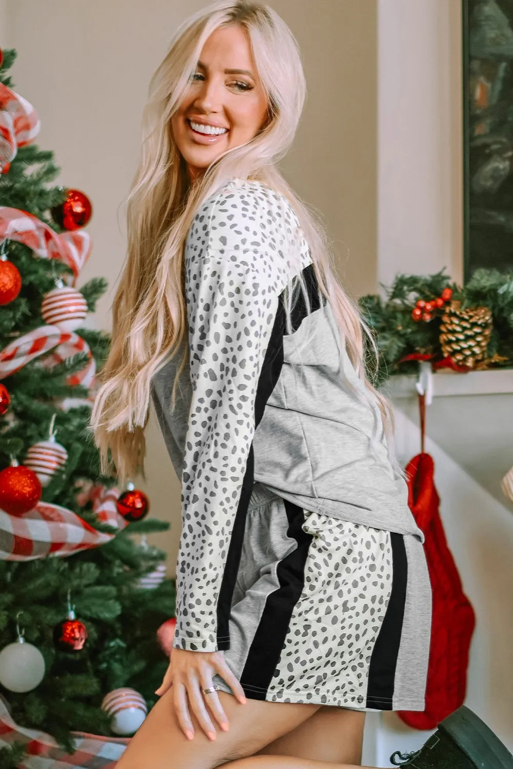 Leopard Long Sleeve Top and Shorts Lounge Set - Ladyez