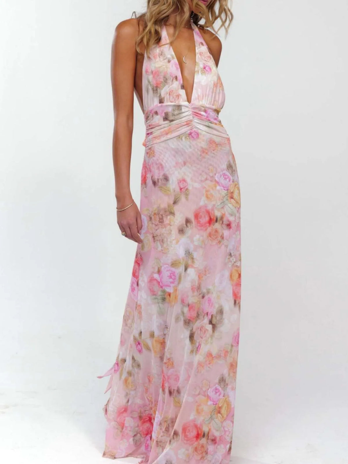 Floral Halter Neck Deep V Maxi Dress - Ladyez