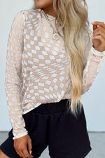 Checkered Mock Neck Long Sleeve Blouse - Ladyez