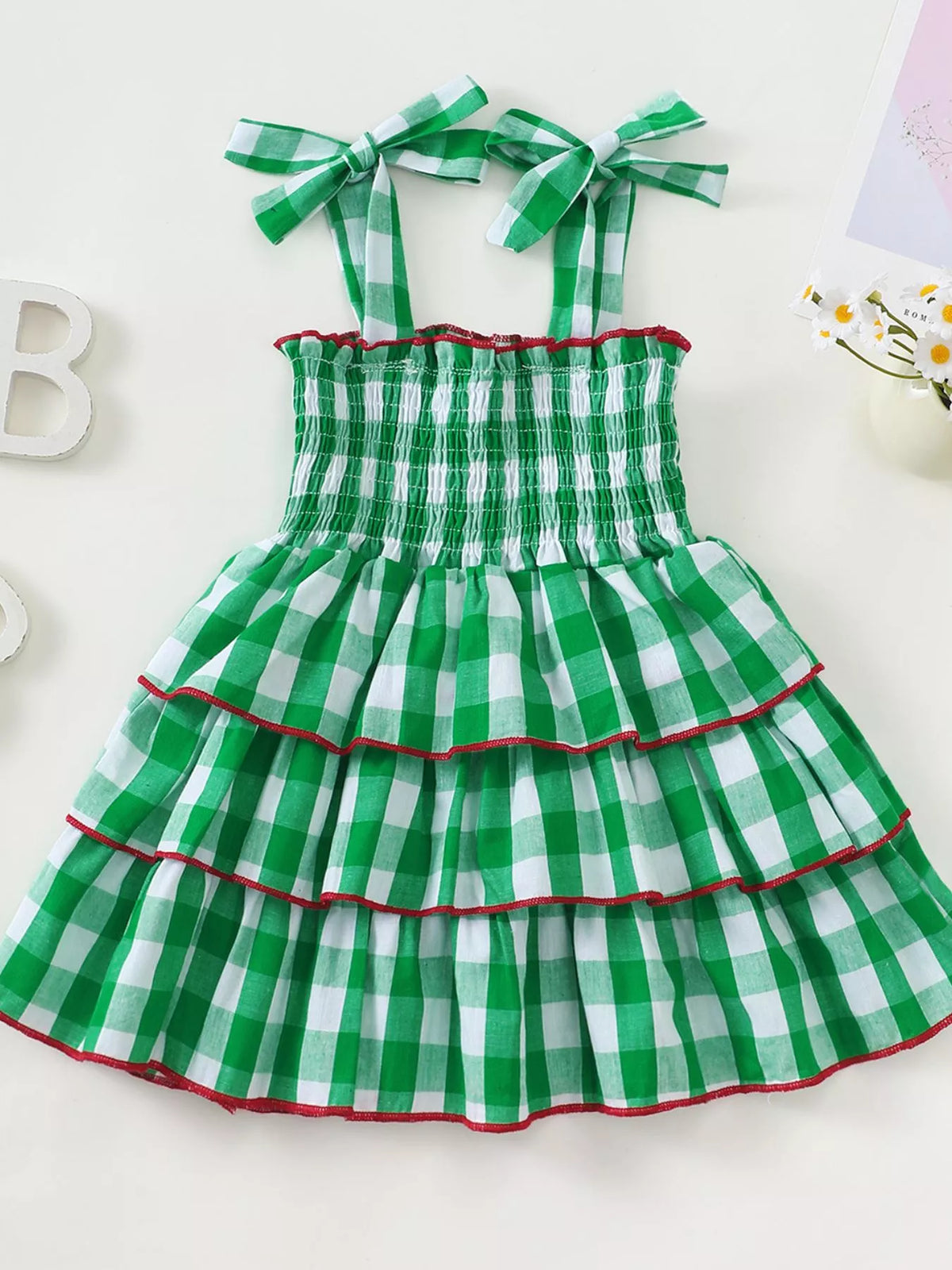 Children's Gingham Tiered Dress with Bow Tie Straps