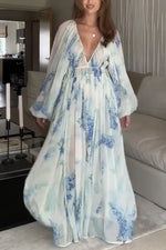 Floral Print Bohemian Maxi Dress with Balloon Sleeves - Ladyez
