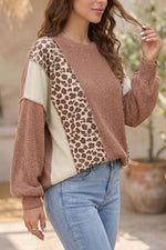 Leopard Print Colorblock Ribbed Knit Blouse