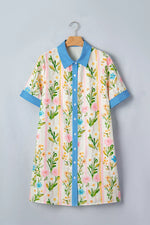 Multicolour Floral Print Striped Trim Button Down Shift Dress