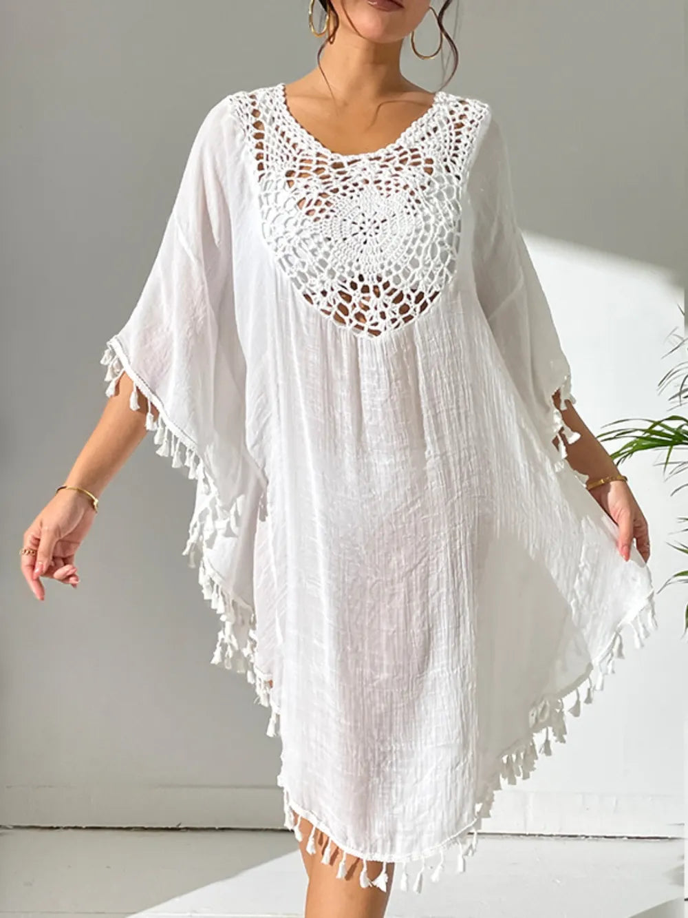Tassel Cutout Scoop Neck Cover-Up Dress - Ladyez